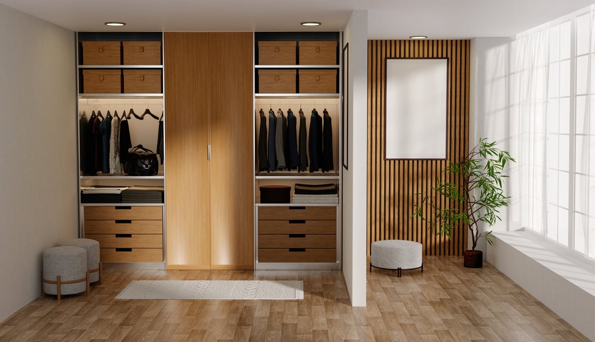 A contemporary wellness closet design that utilizes natural light and wood elements